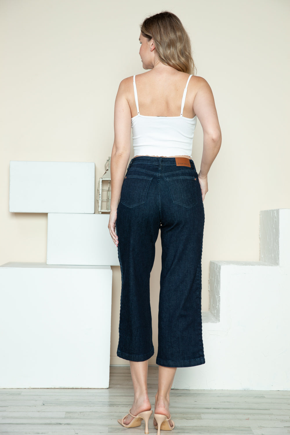 Judy Blue Side Seam Braid Detail Crop Wide Leg Blue Wash Denim Jeans