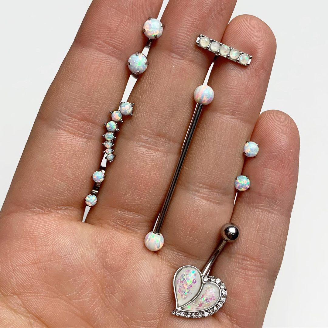 316L Stainless Steel White Faux Opal Industrial Barbell 36mm