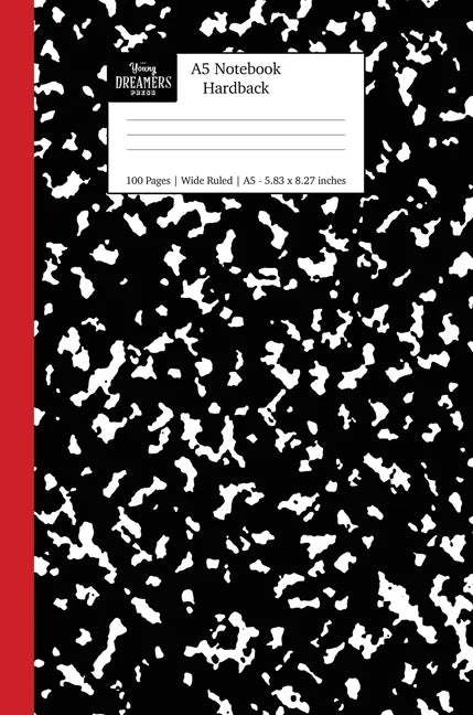 A5 Notebook Hardback: Black and Red Spine Marble Wide Rule Journal - Hardcover