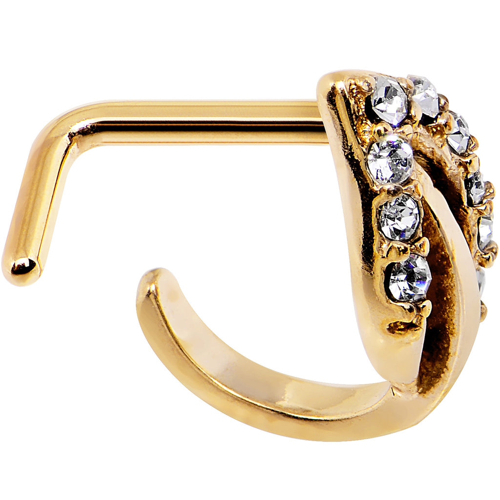 18G Clear Gem Gold PVD Leaf Faux Hoop L Shaped Nose Ring
