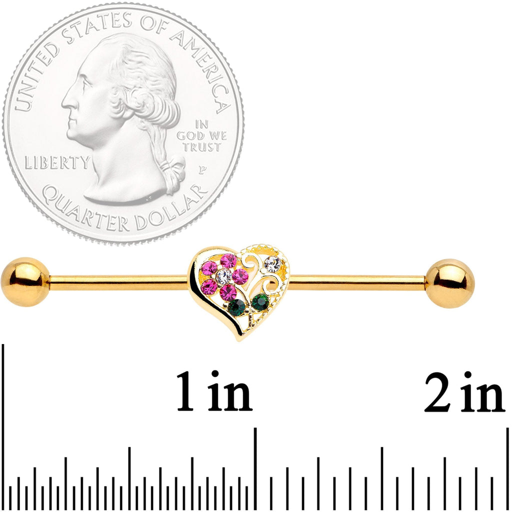 14G Clear Pink Gem Flower Heart Gold Tone Barbell Industrial