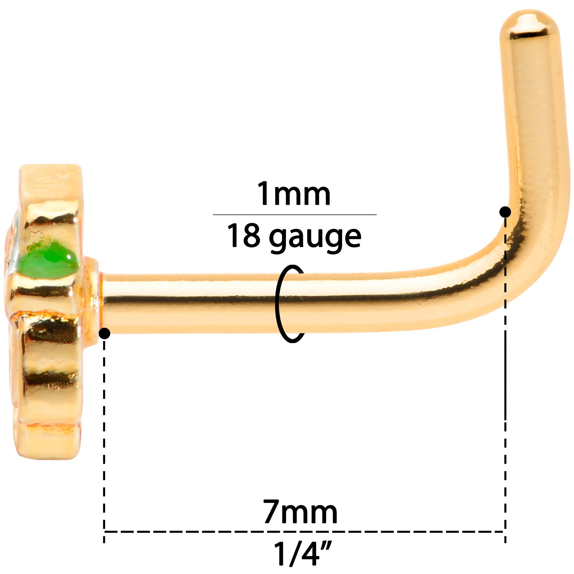 18G 5/16 Green Gold Tone Lucky Leprechaun L Shaped Nose Ring