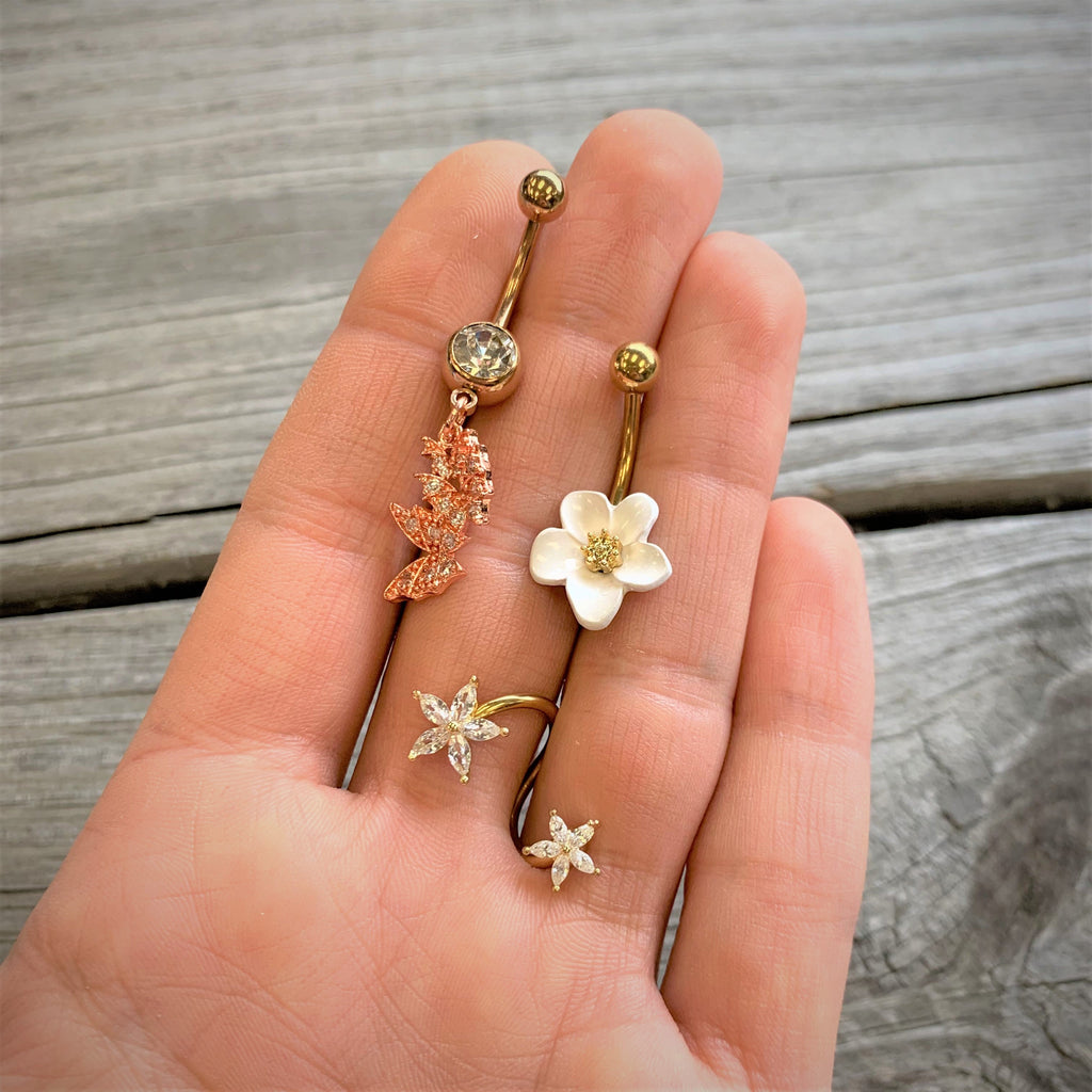 14G Clear Gem Gold Tone Star Flower Spiral Twister Belly Ring