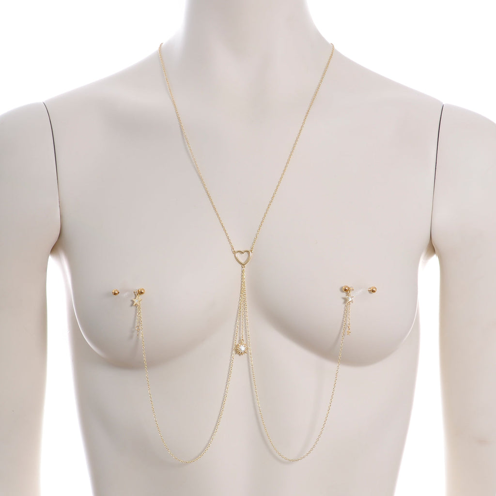 14G 5/8 Clear Gem Gold Tone Sun Heart Star Nipple Chain Necklace