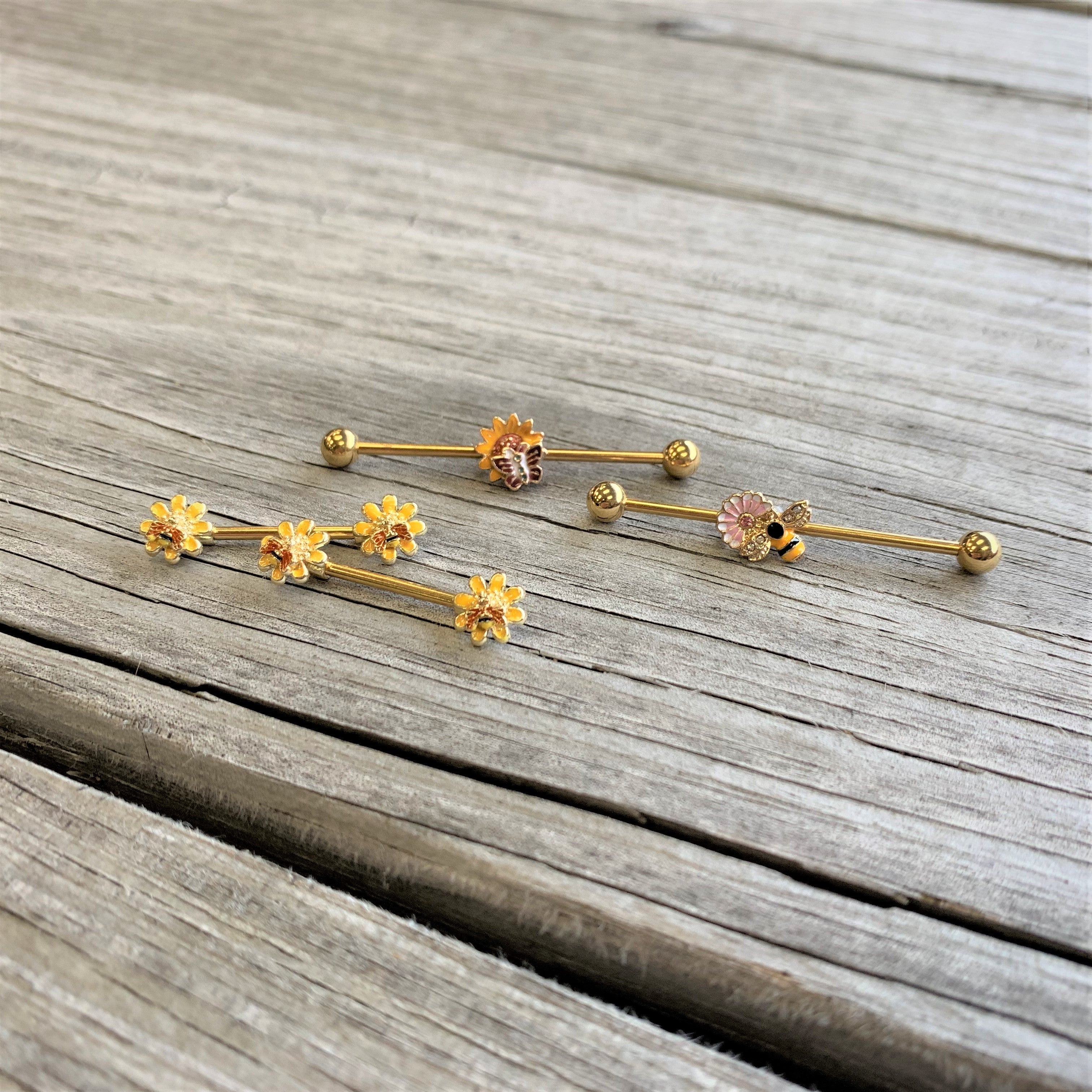 14G Pink Clear Gem Gold Tone Bee Blossom Industrial Barbell 38mm