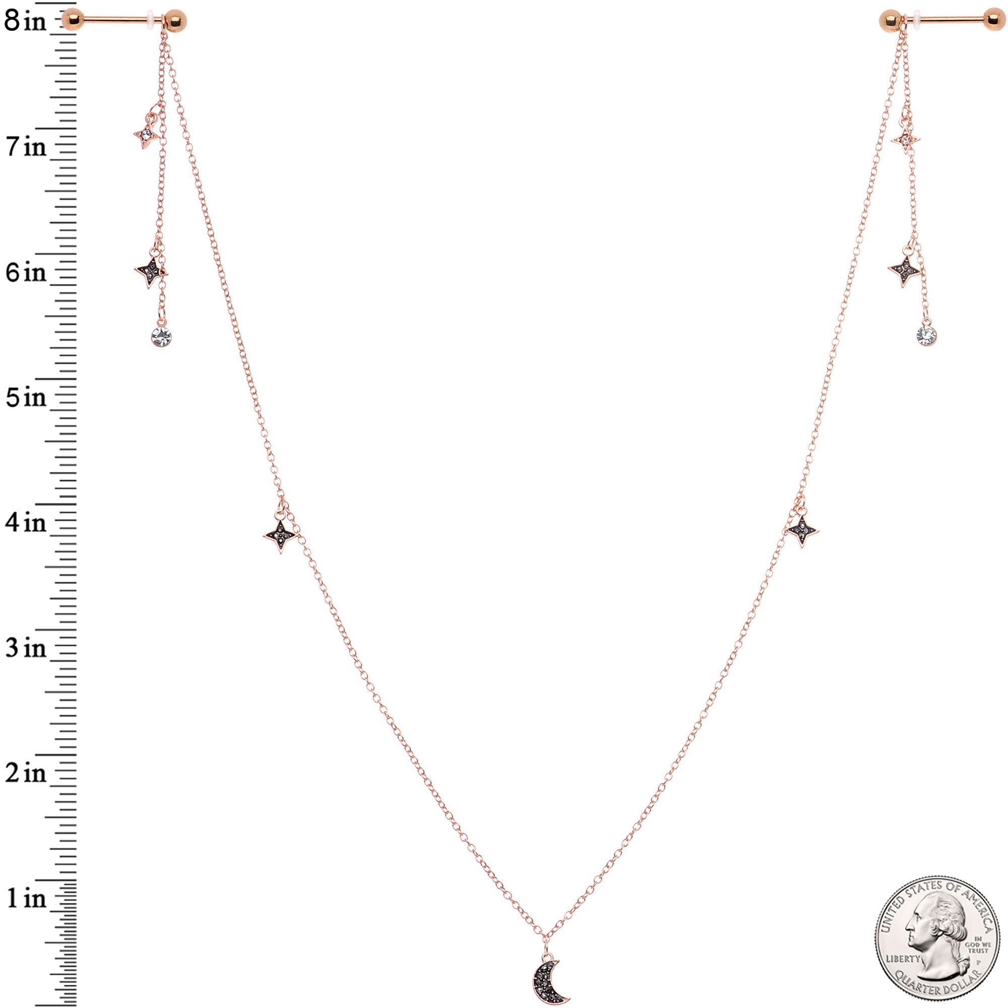 14G 9/16 Black Gem Rose Gold Tone Moon Dangle Nipple Chain