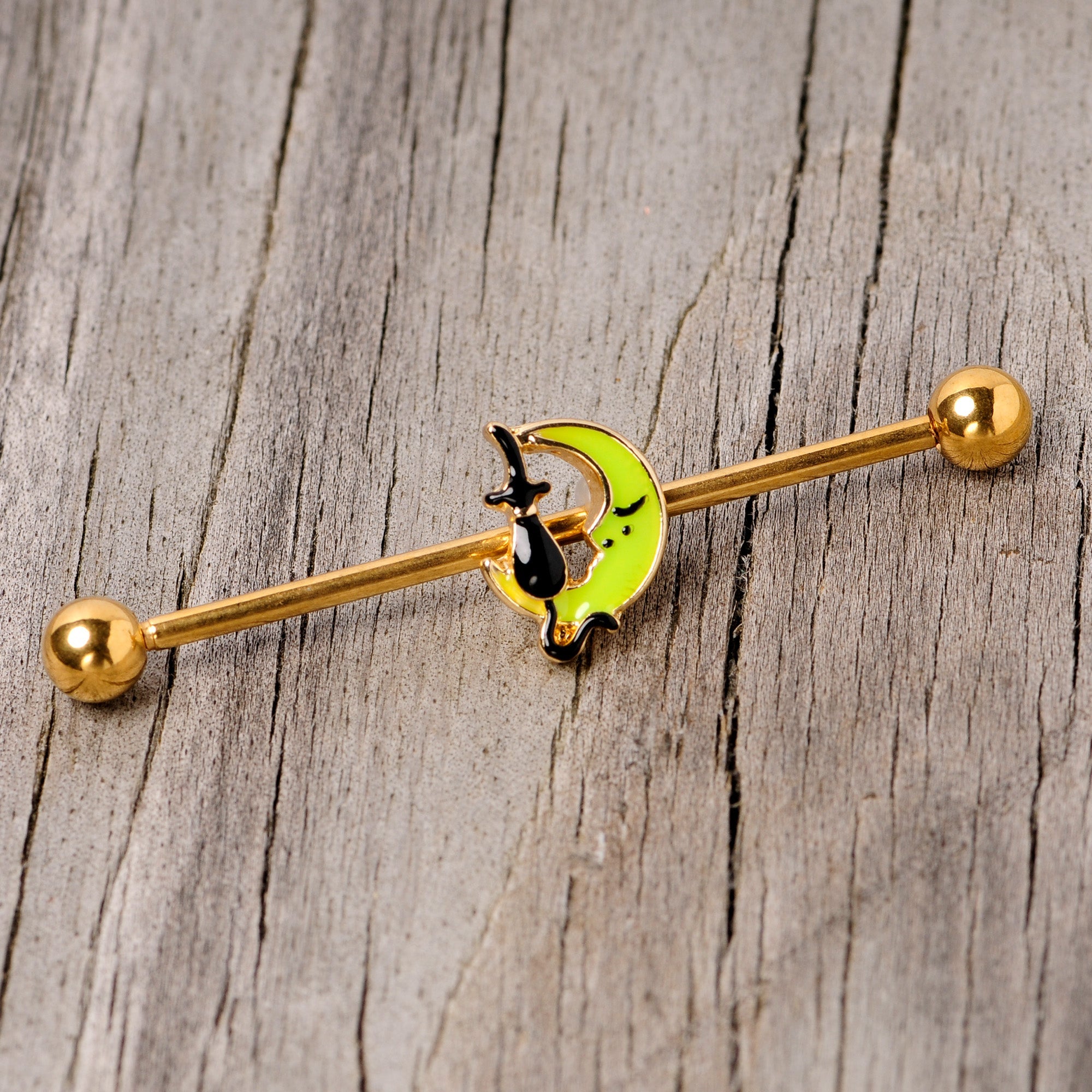 14G Gold Tone Black Cat Moon Halloween Industrial Barbell 38mm