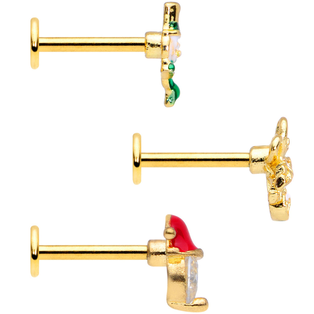 16G 5/16 Clear Gem Gold Tone Christmas Labret Monroe Tragus Set of 3