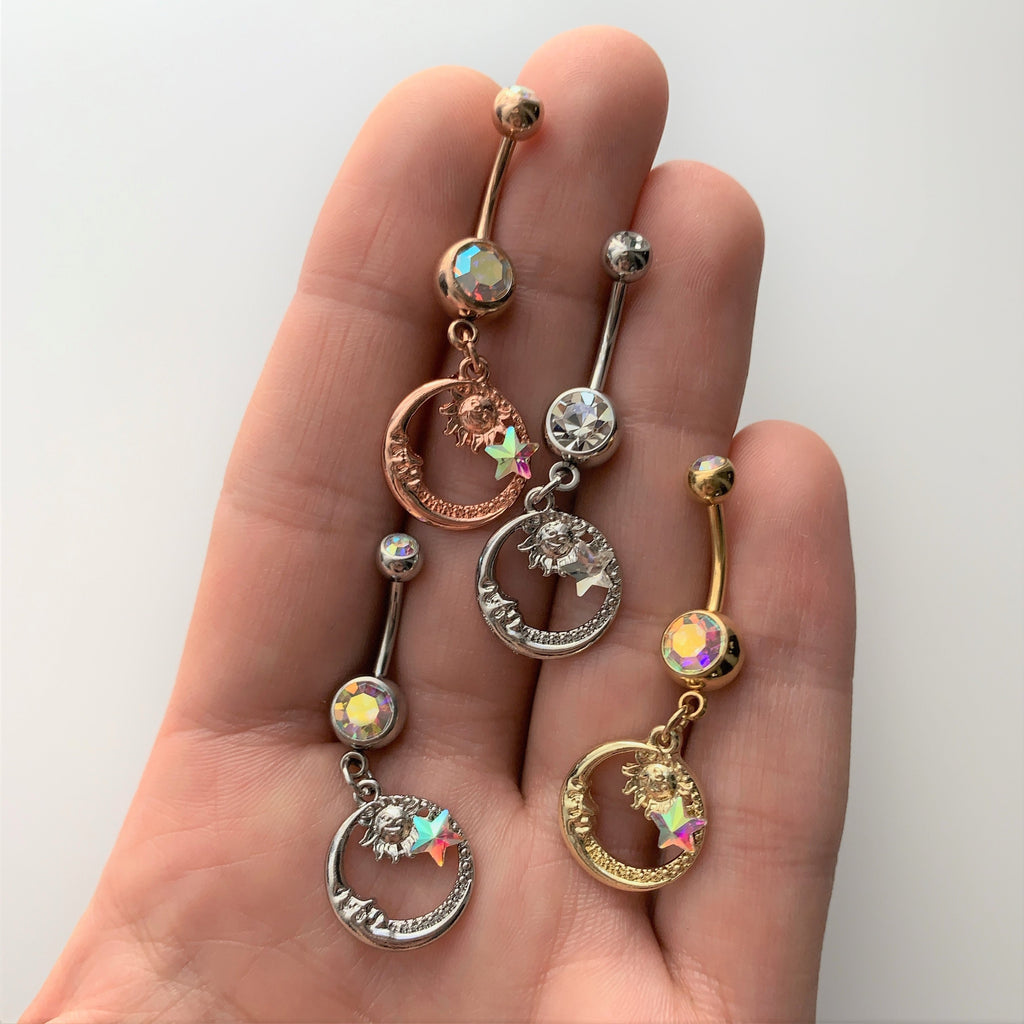 Aurora Gem Rose Gold Tone Sun Moon Star Dangle Belly Ring