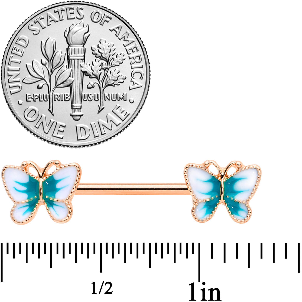 14G 9/16 Rose Gold Tone White Green Butterfly Barbell Nipple Set
