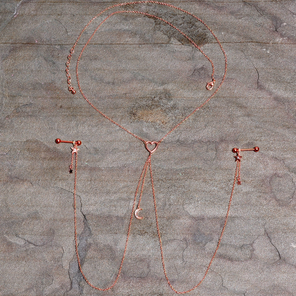 14G 5/8 Aurora Gem Rose Gold Hue Star Moon Nipple Chain Necklace