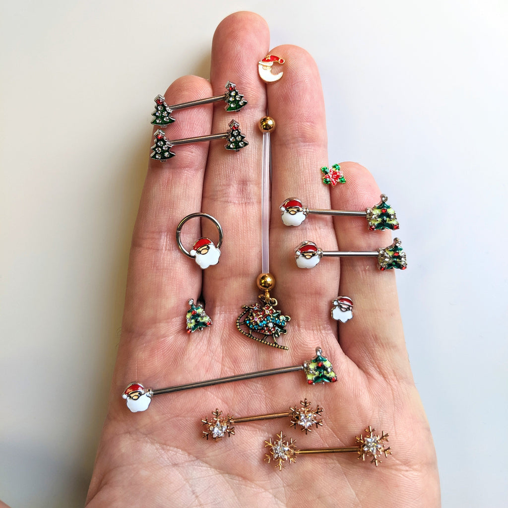 14G 9/16 Clear Red Gem Christmas Tree Barbell Nipple Ring Set