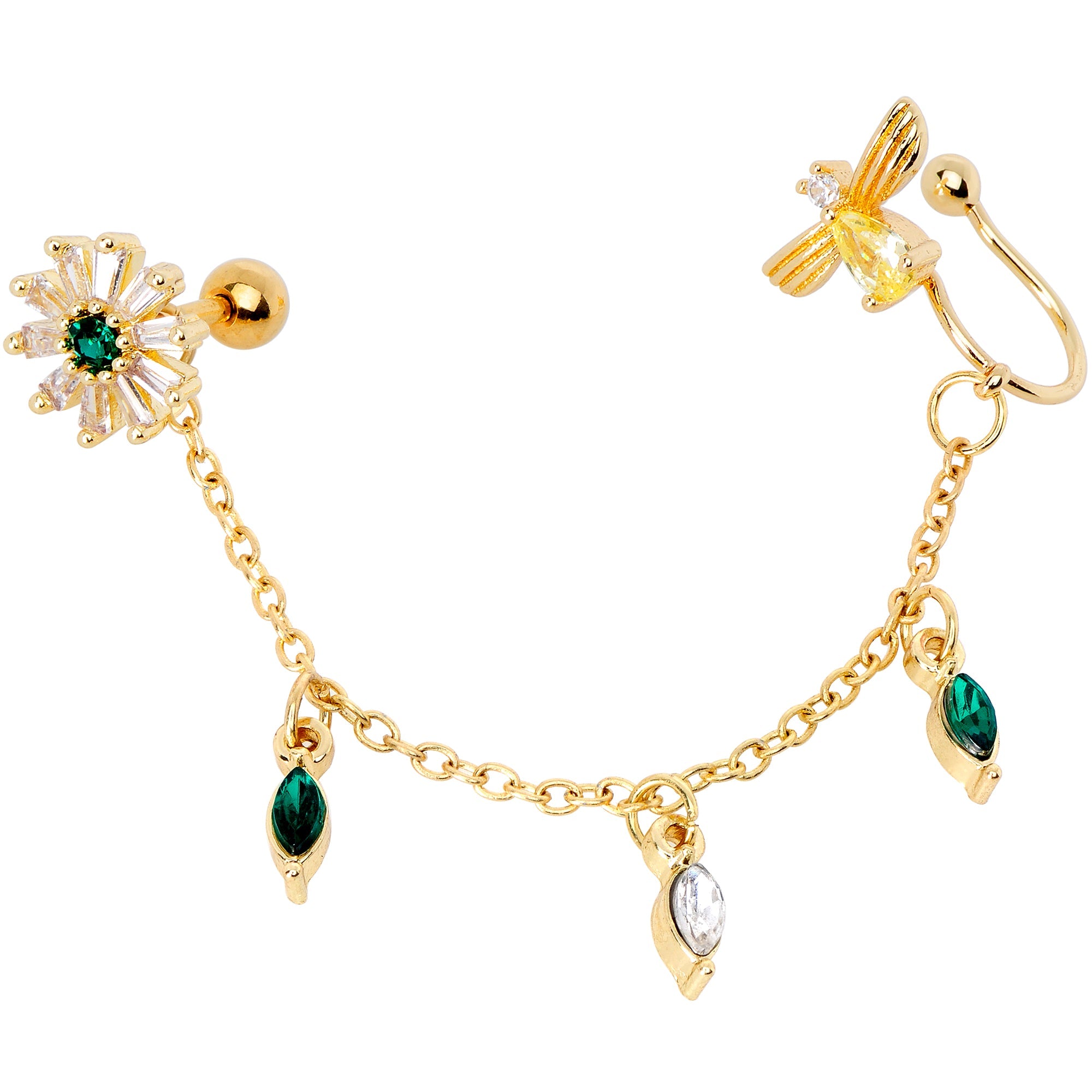 16G 1/4 Green Gem Gold Tone Angel Cuff Chain Right Cartilage