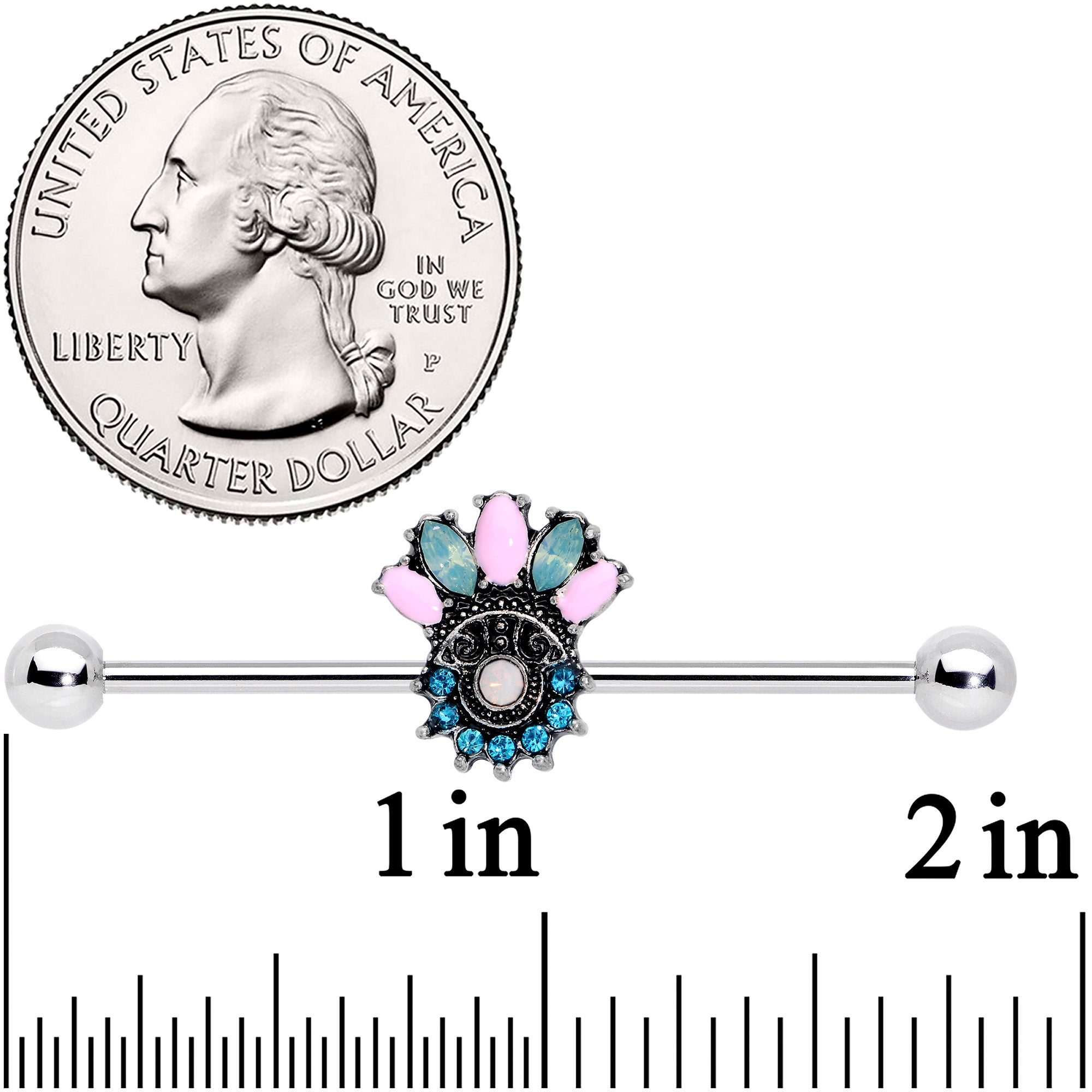 14G Blue Pink Green Gem Baroque Flower Industrial Barbell 38mm