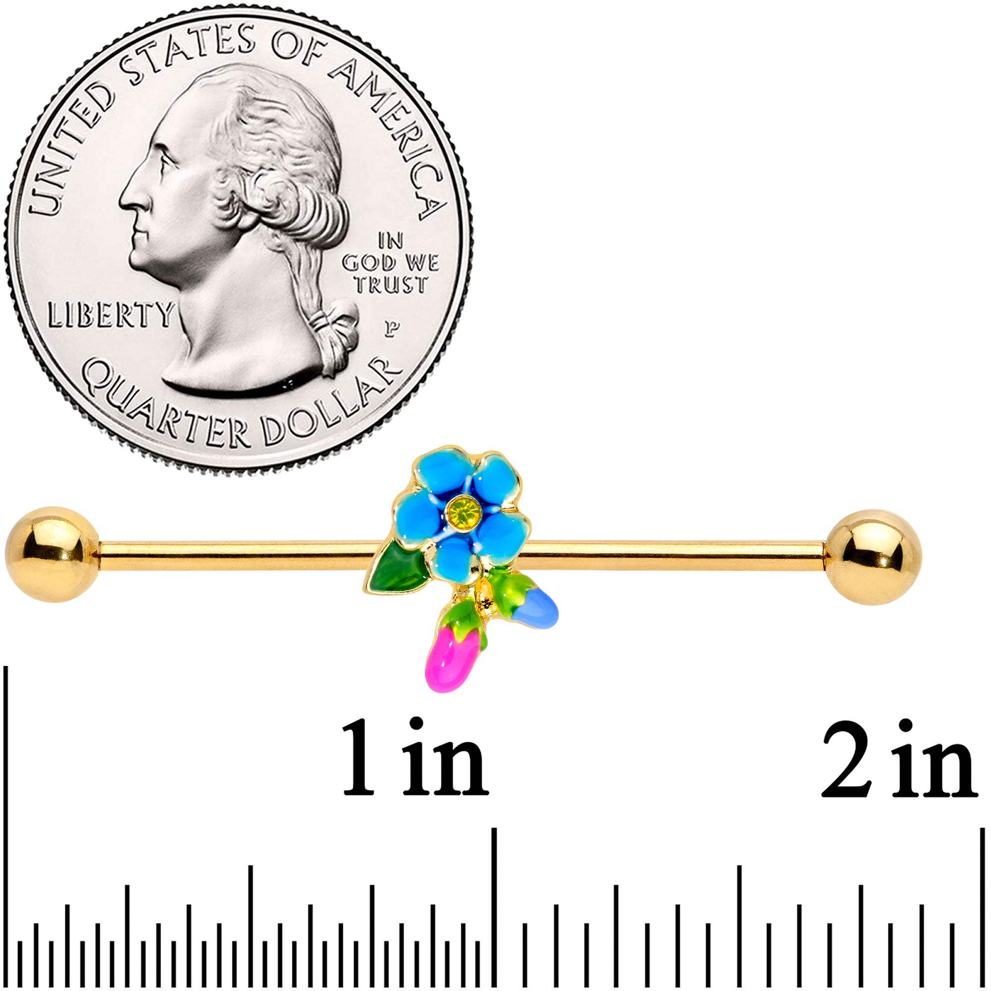 14G Yellow Gem Gold Tone Neon Flower Industrial Barbell 38mm