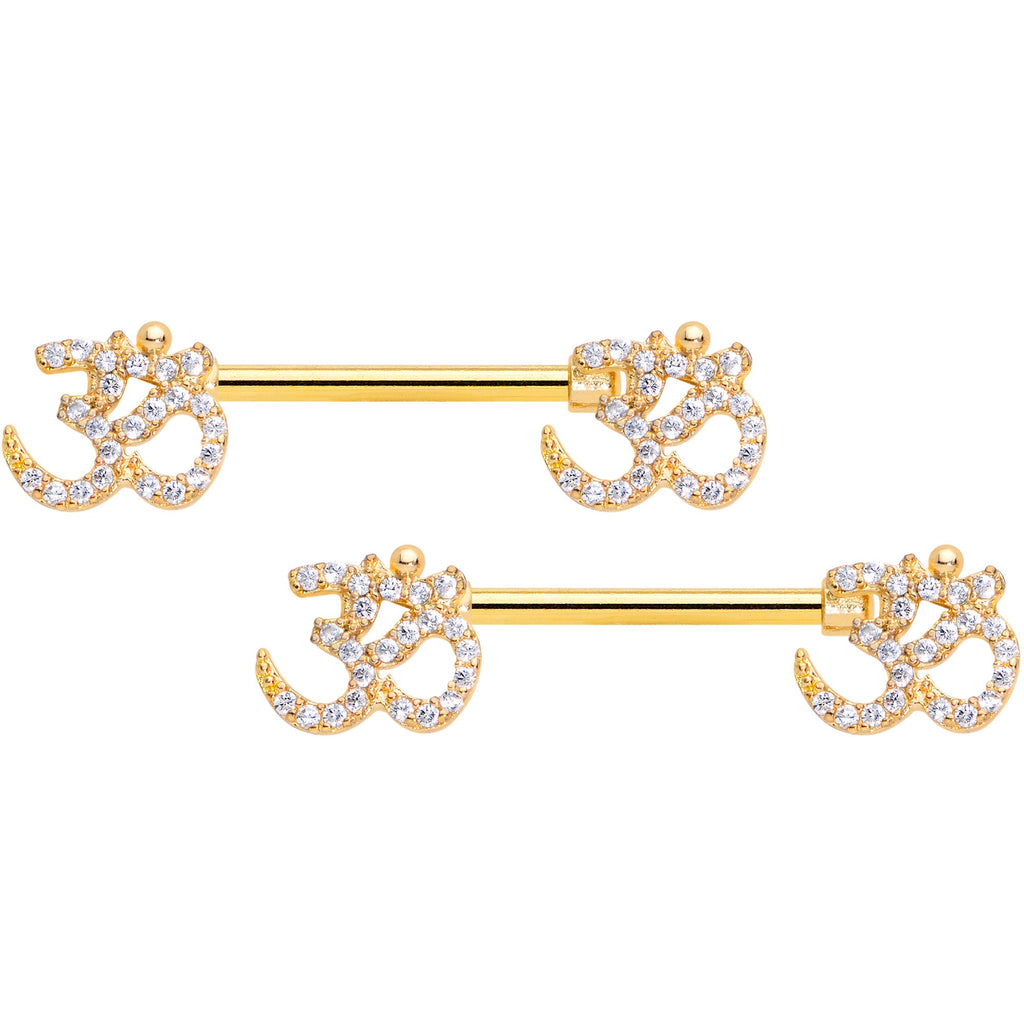 14G 9/16 Clear CZ Gem Gold Hue Amazing Om Barbell Nipple Ring Set