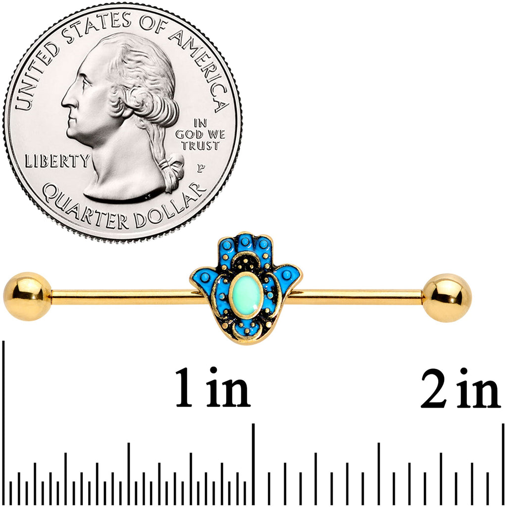14G Gold Tone Aqua Ornate Hamsa Hand Industrial Barbell 38mm