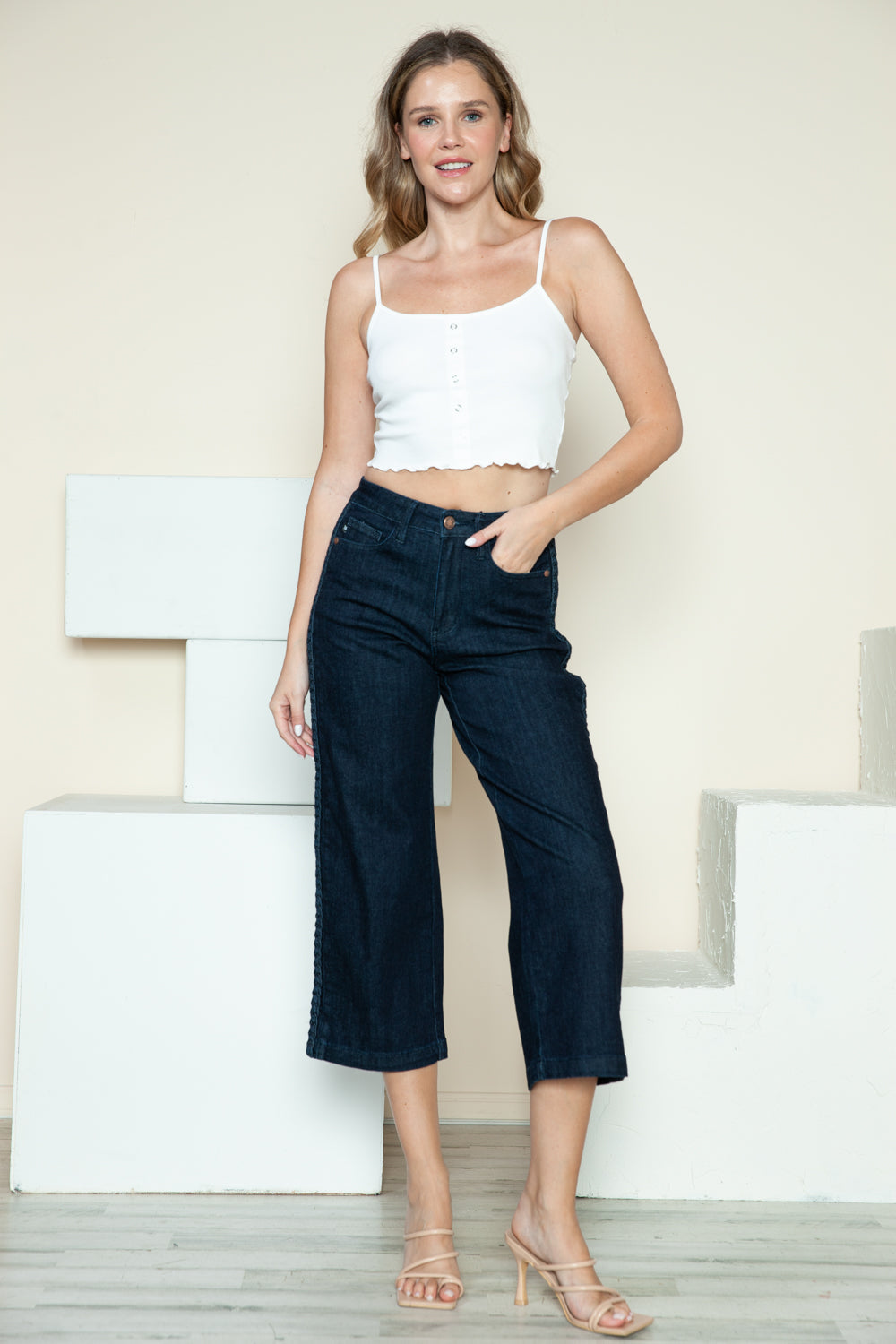 Judy Blue Side Seam Braid Detail Crop Wide Leg Blue Wash Denim Jeans