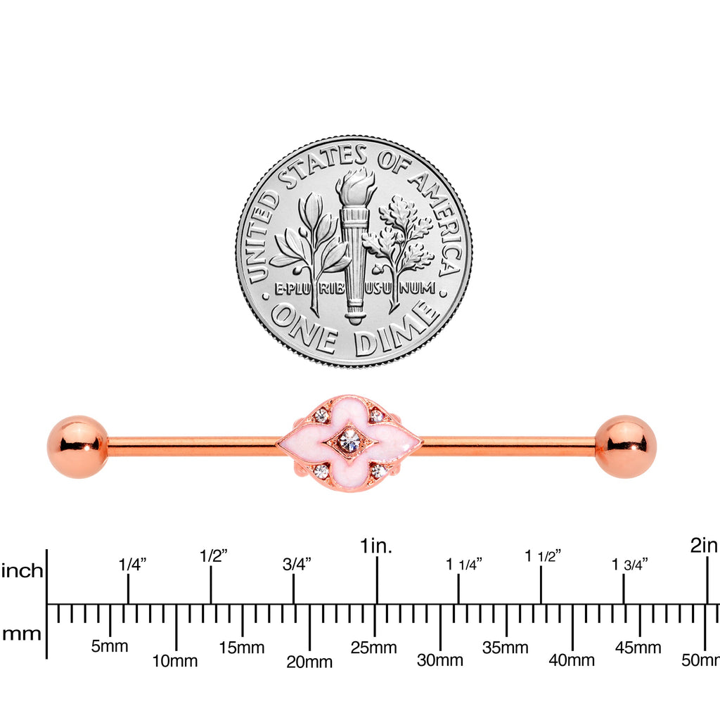 14G Clear Gem Rose Gold Tone Pink Cross Industrial Barbell 38mm