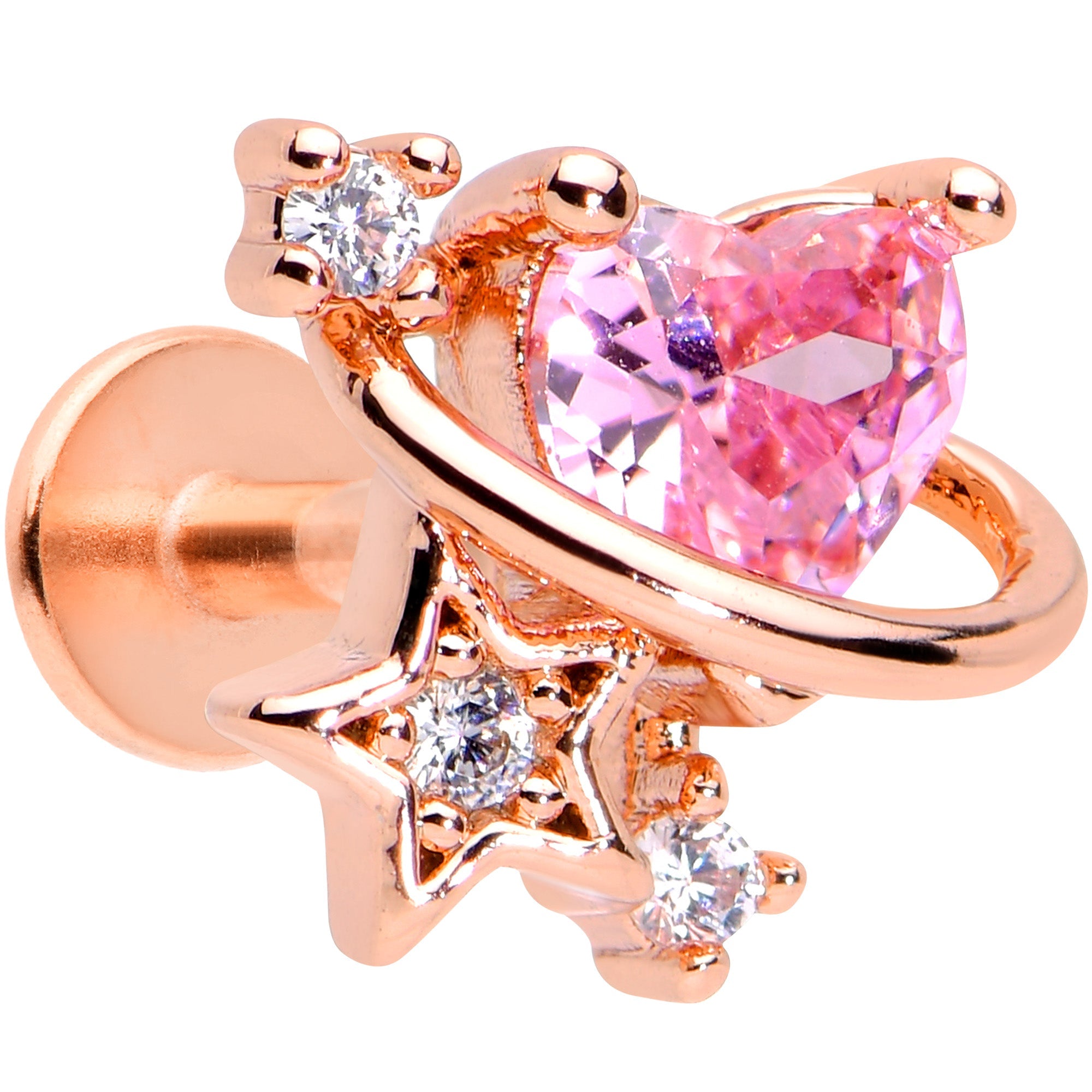 16G 5/16 Pink Gem Rose Gold Hue Star Heart Labret Monroe Tragus