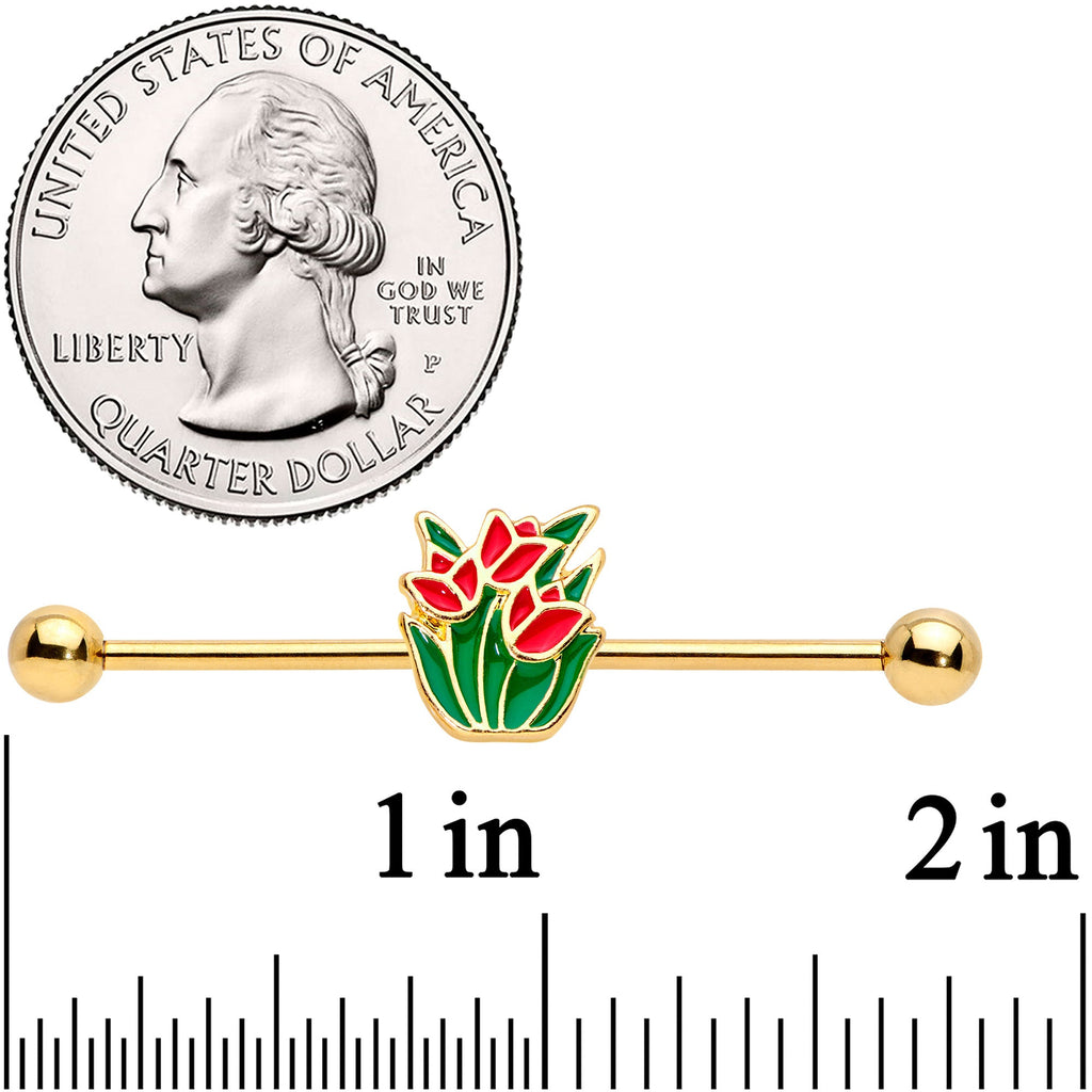 14G Gold Tone Red Tulip Flowers Industrial Barbell 38mm