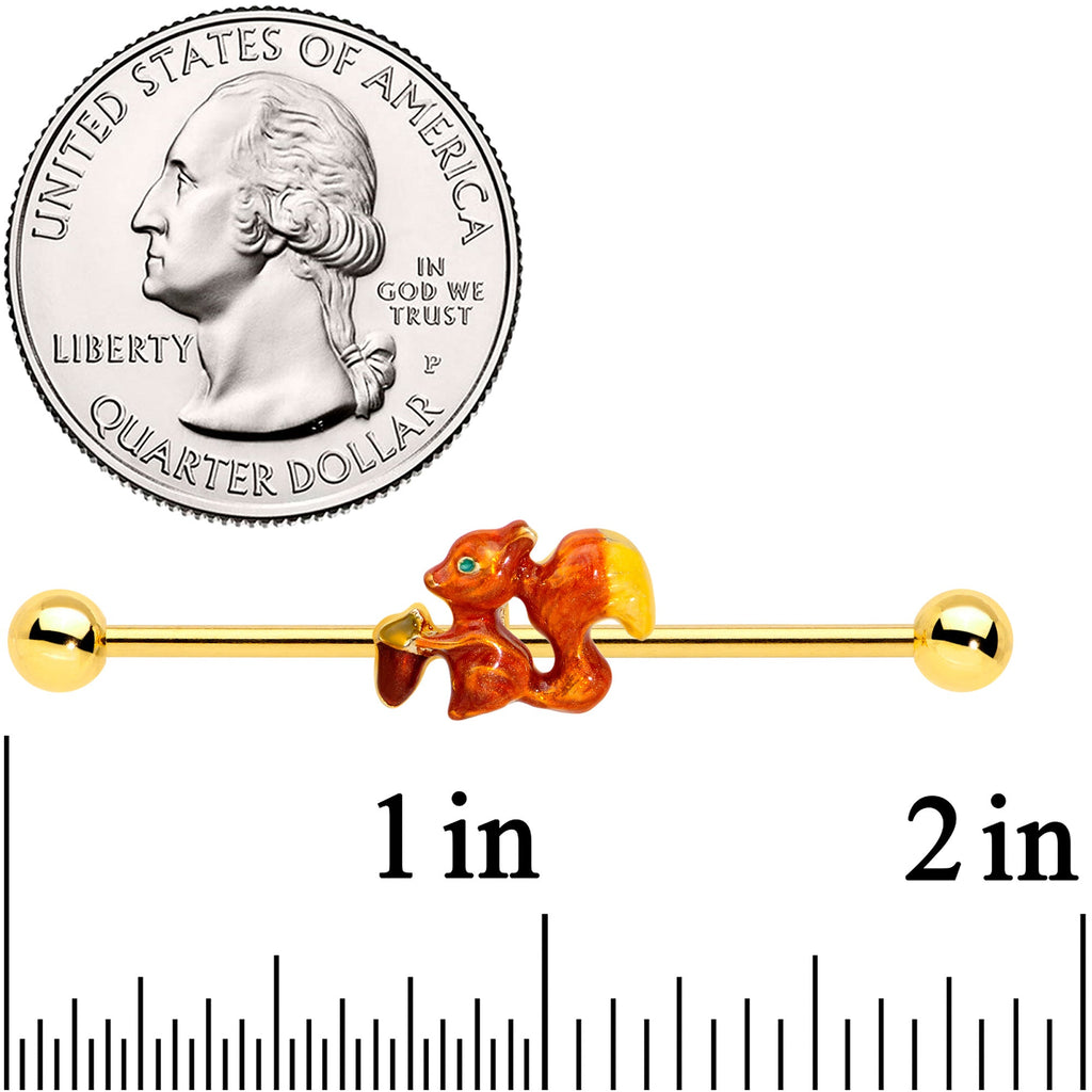 14G Gold Tone Brown Happy Squirrel Acorn Industrial Barbell 38mm