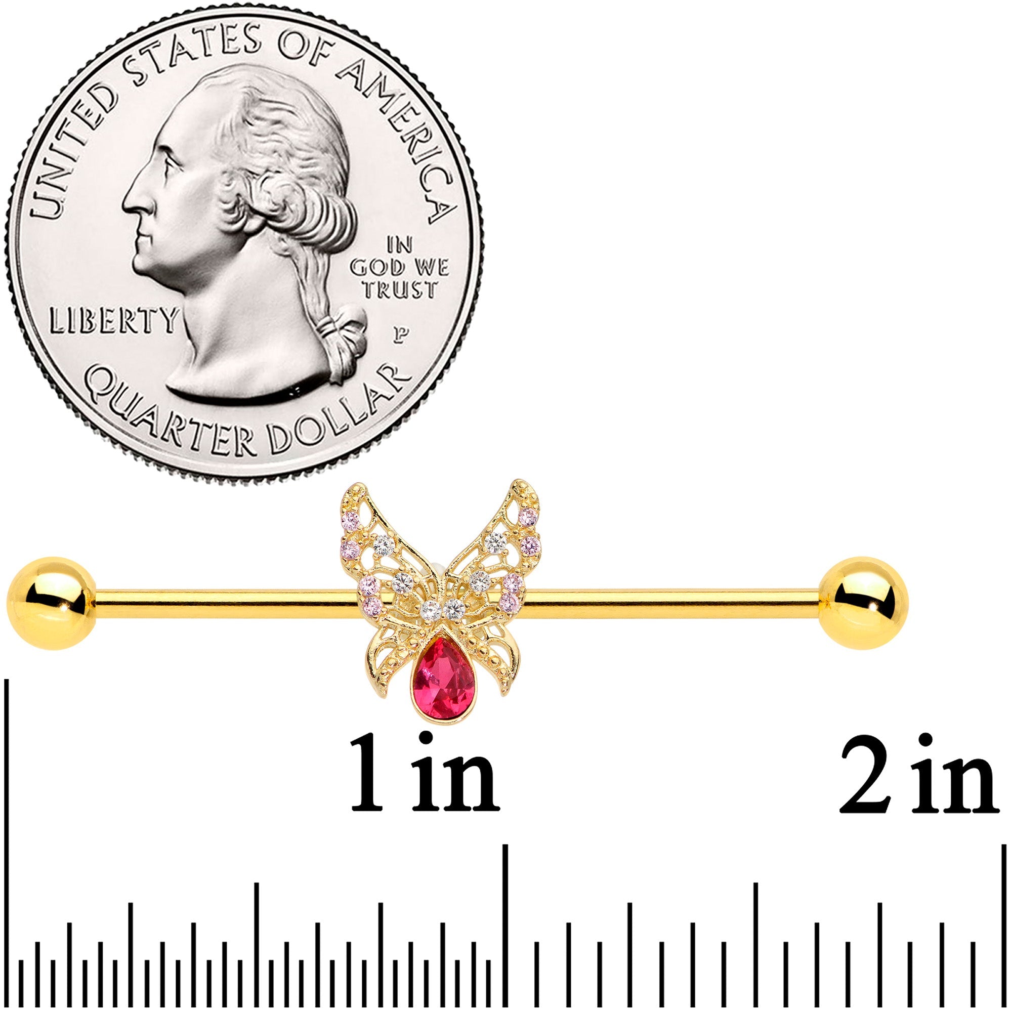 14G Clear Red Gem Gold Hue Lacy Butterfly Industrial Barbell 38mm