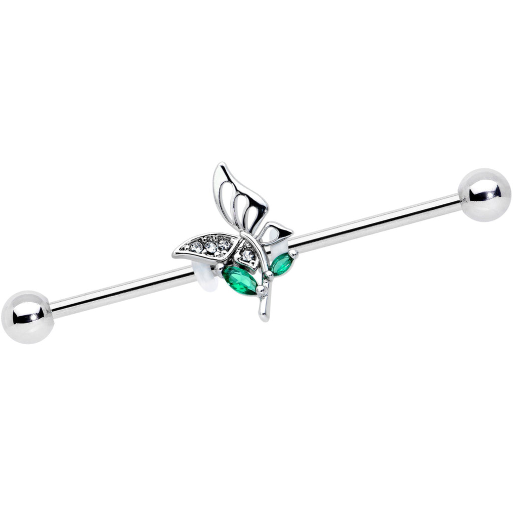 14G Clear Green Gem Floral Butterfly Industrial Barbell 38mm