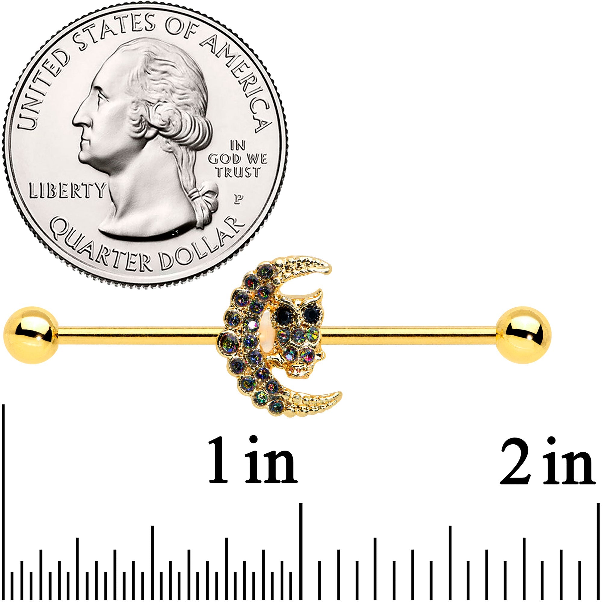 14G Aurora Black Gem Gold Tone Owl Moon Industrial Barbell 38mm