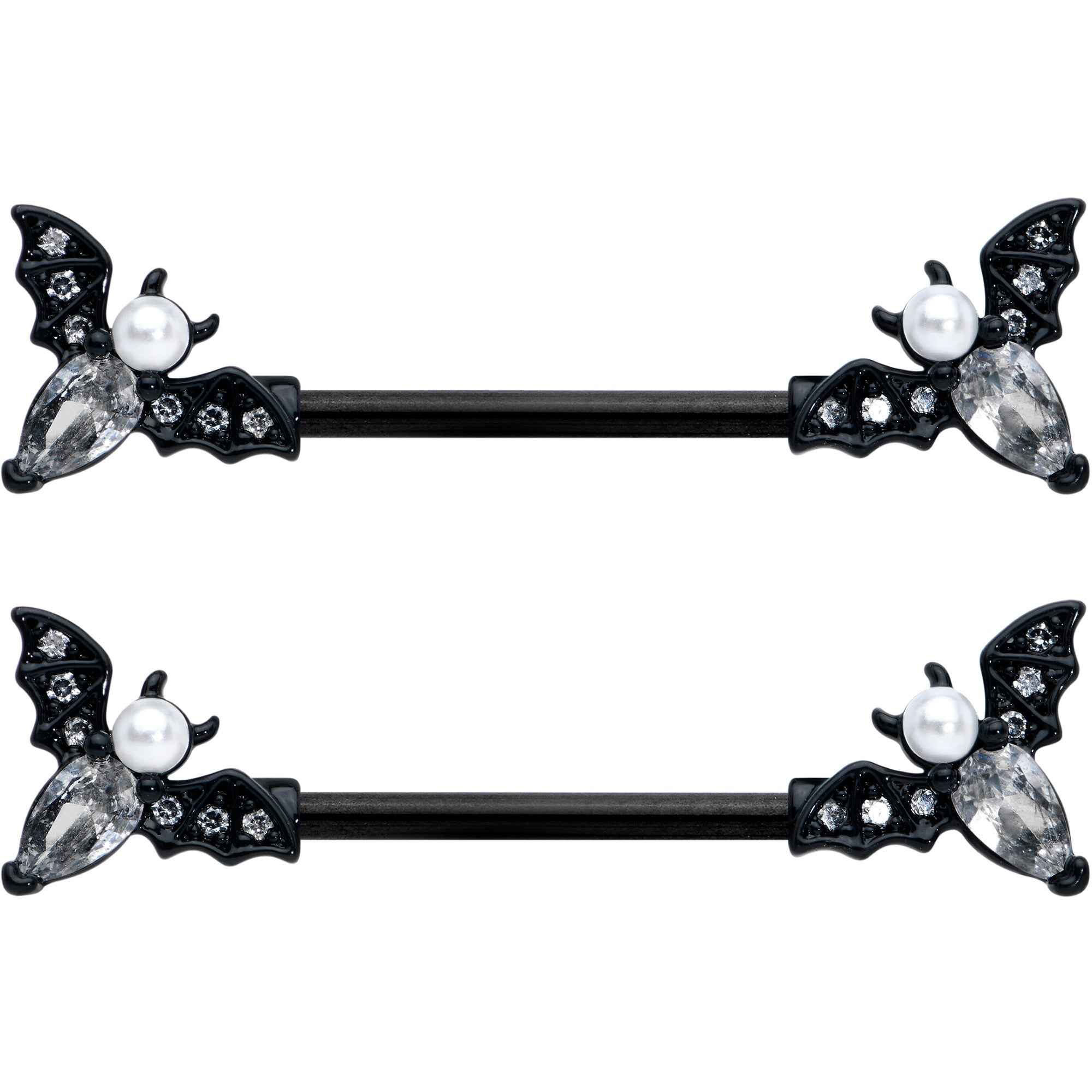 14G 5/8 Clear Gem Black Flying Bats Halloween Nipple Ring Set