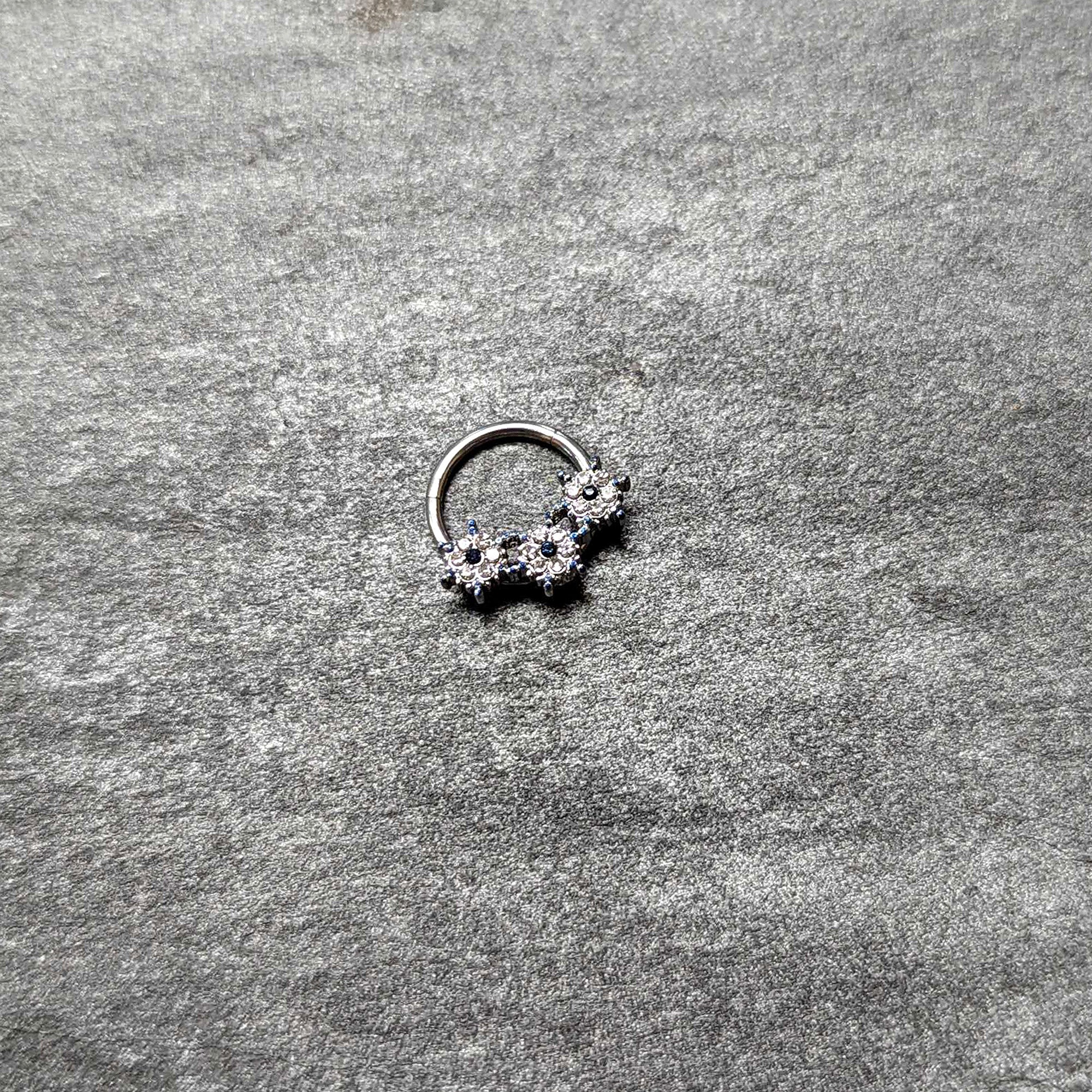 16G 3/8 Clear Blue Gem Festive Trio Snowflake Hinged Segment Ring