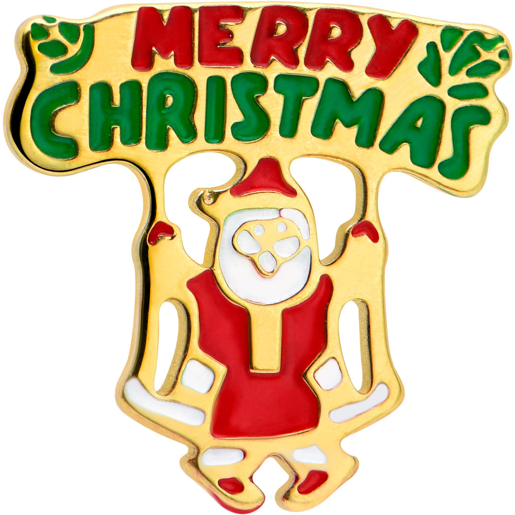 16G 1/4 Gold Tone Merry Christmas Santa Inlay Cartilage Earring