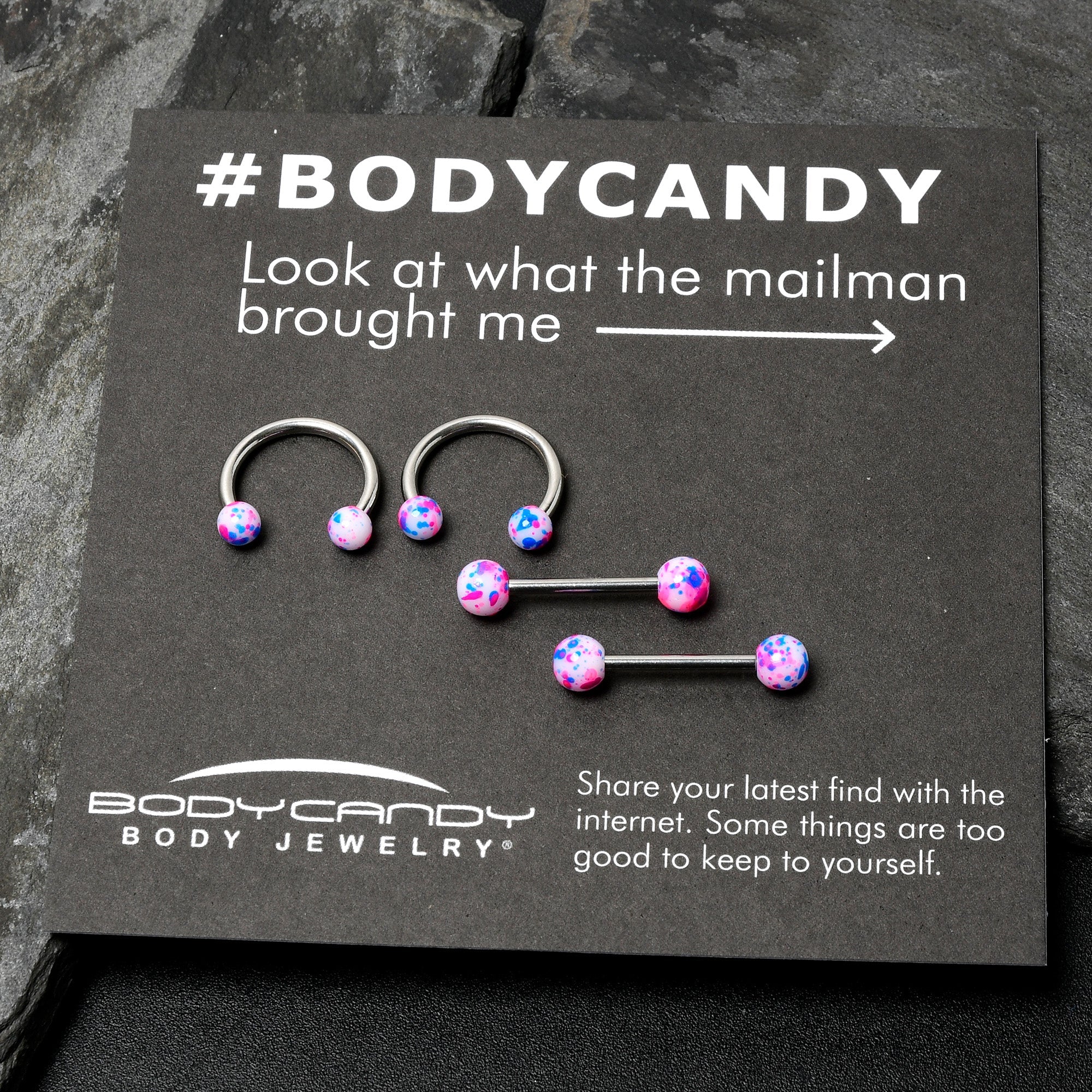 14G 9/16 1/2 Splatter Blue Pink Barbell Horseshoe Nipple Ring Set of 4