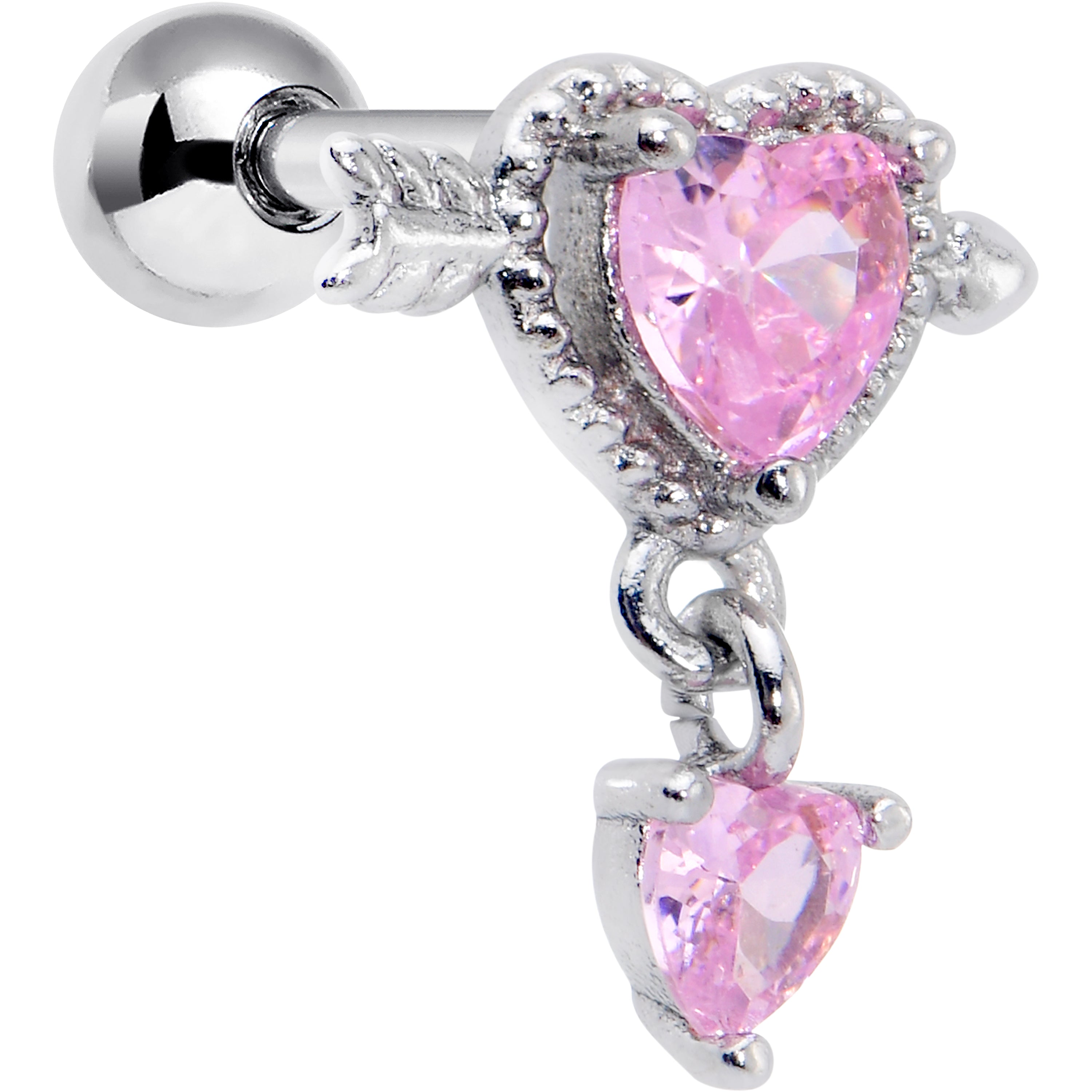 16G 1/4 Pink Gem Fusion of Love Arrow Heart Cartilage Earring