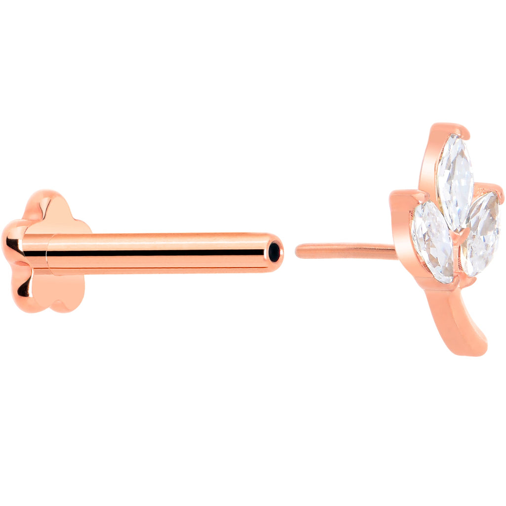 16G 5/16 CZ Gem Leaves Rose Gold PVD Medical Grade Titanium Reversible Flat Back Earring