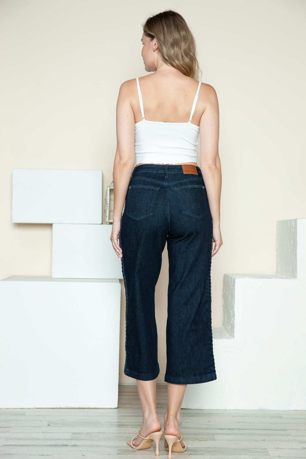 Judy Blue Side Seam Braid Detail Crop Wide Leg Blue Wash Denim Jeans