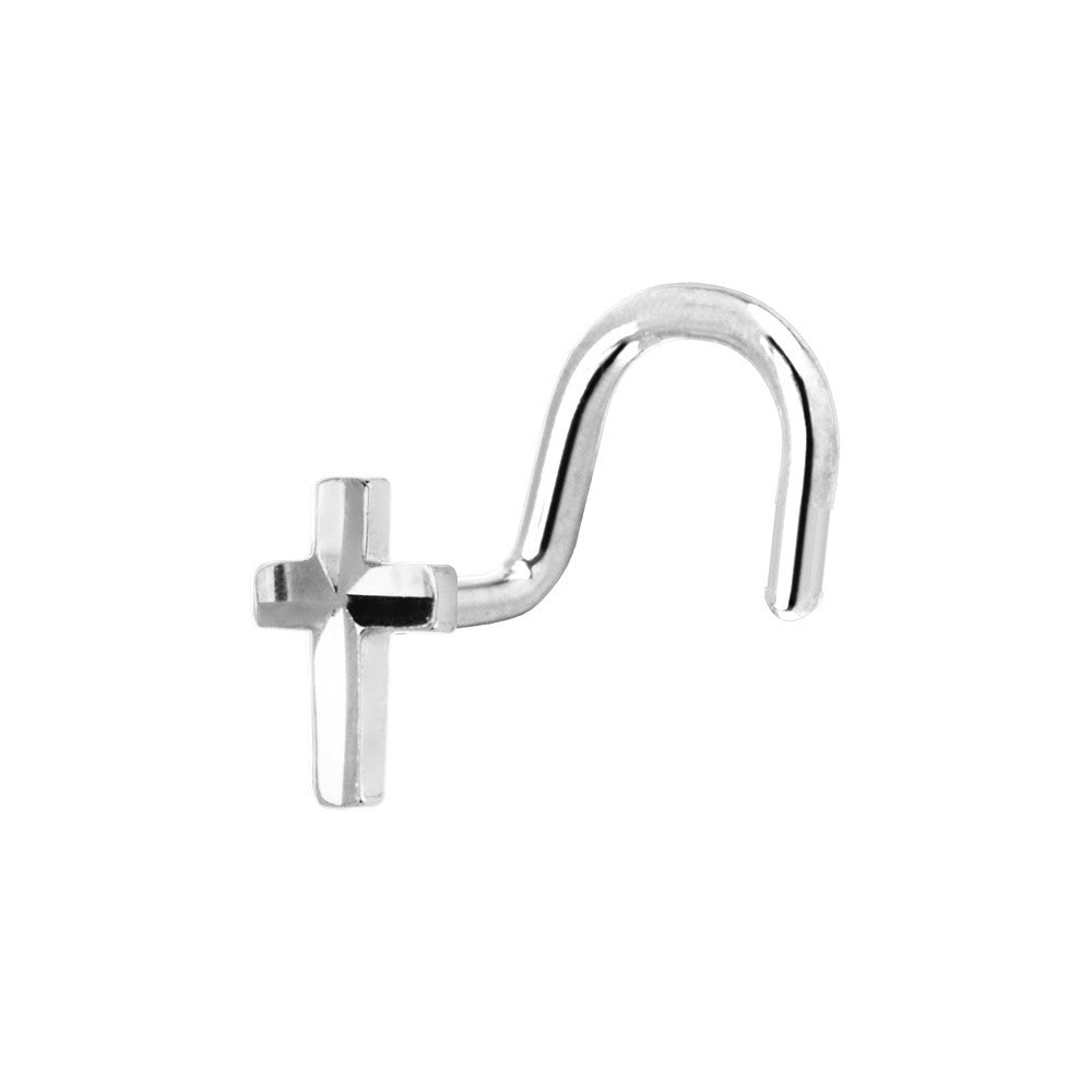 Solid 14K White Gold Raised Cross Nose Screw Ring