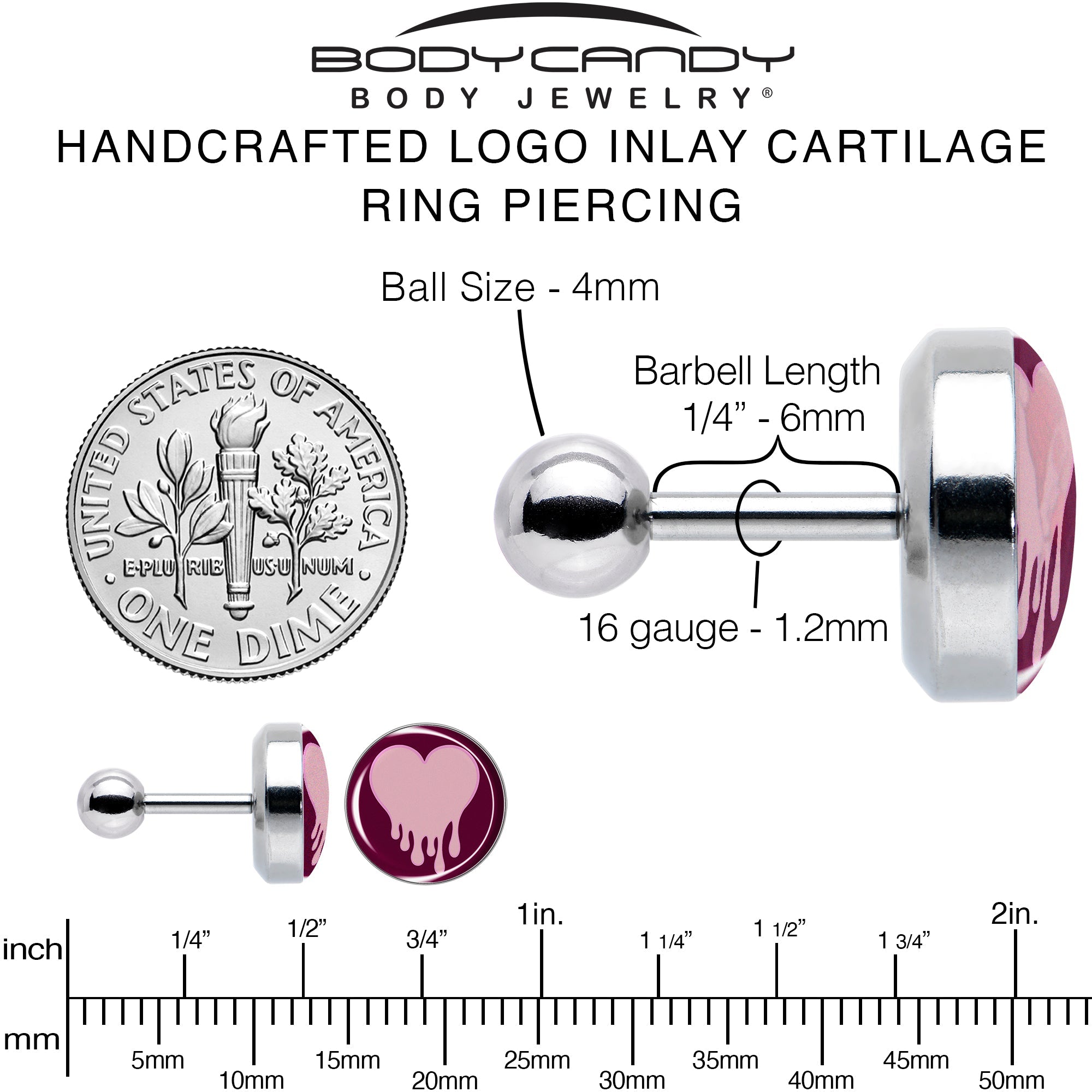 16G 1/4 Pinkish Melting Heart Tragus Cartilage Earring by Onyx O