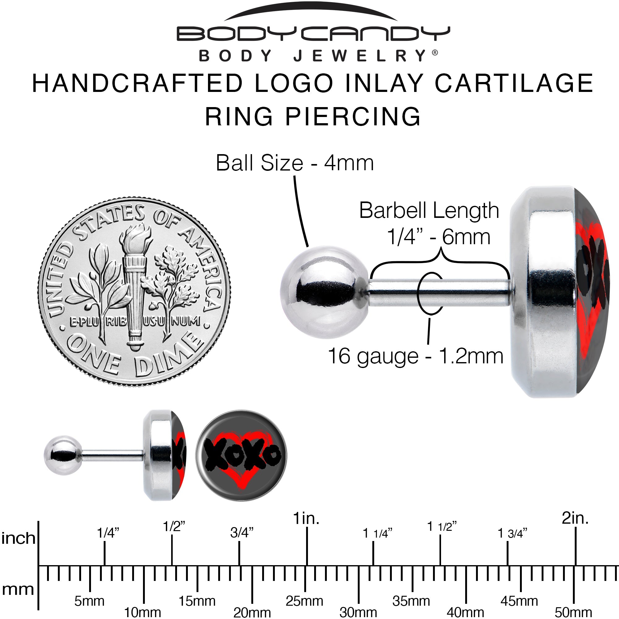 16G 1/4 XOXO Heart Tragus Cartilage Earring by Onyx O