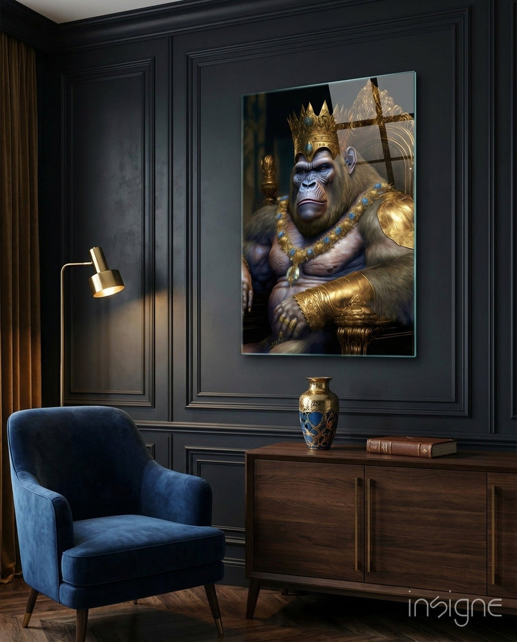 Ape King in Throne Glass Wall Art  || Designer Collection