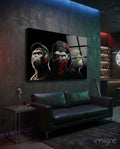 3 Wise Monkeys - Neon Lines Glass Wall Art  || Designer Collection