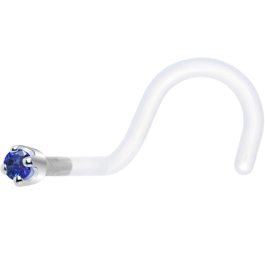 18G 1/4 White Gold 1.5mm Blue Cubic Zirconia Bioplast Nose Ring