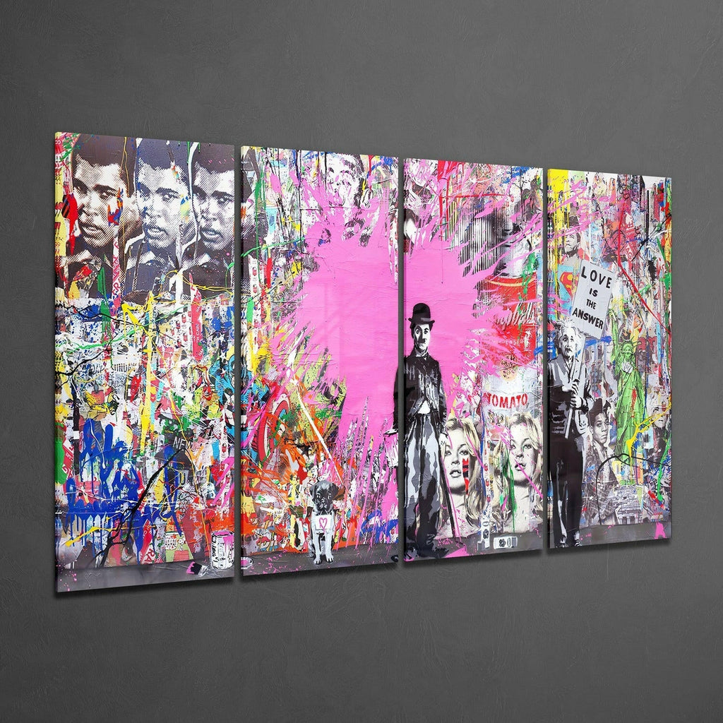 Charlie, Einstein and Banksy 4 Pieces Mega Glass Wall Art (59"x36")