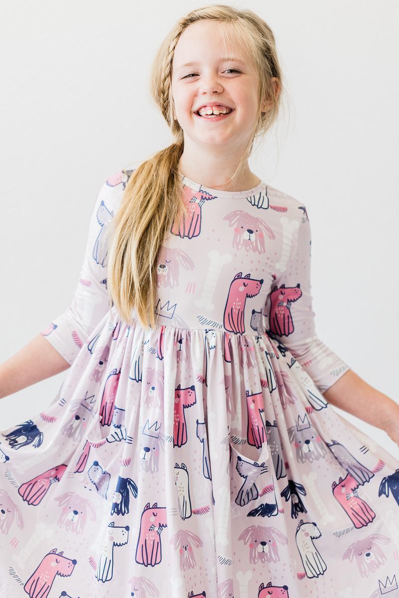 Puppy Party 3/4 Sleeve Pocket Twirl Dress
