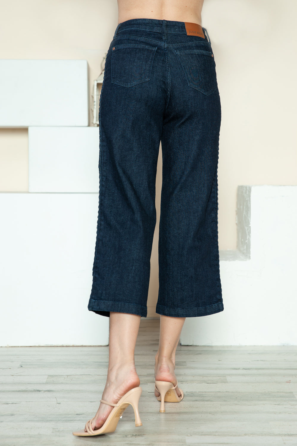Judy Blue Side Seam Braid Detail Crop Wide Leg Blue Wash Denim Jeans
