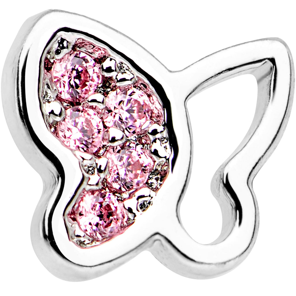 20G 1/4 Pink CZ Gem Half Paved Butterfly Nose Bone