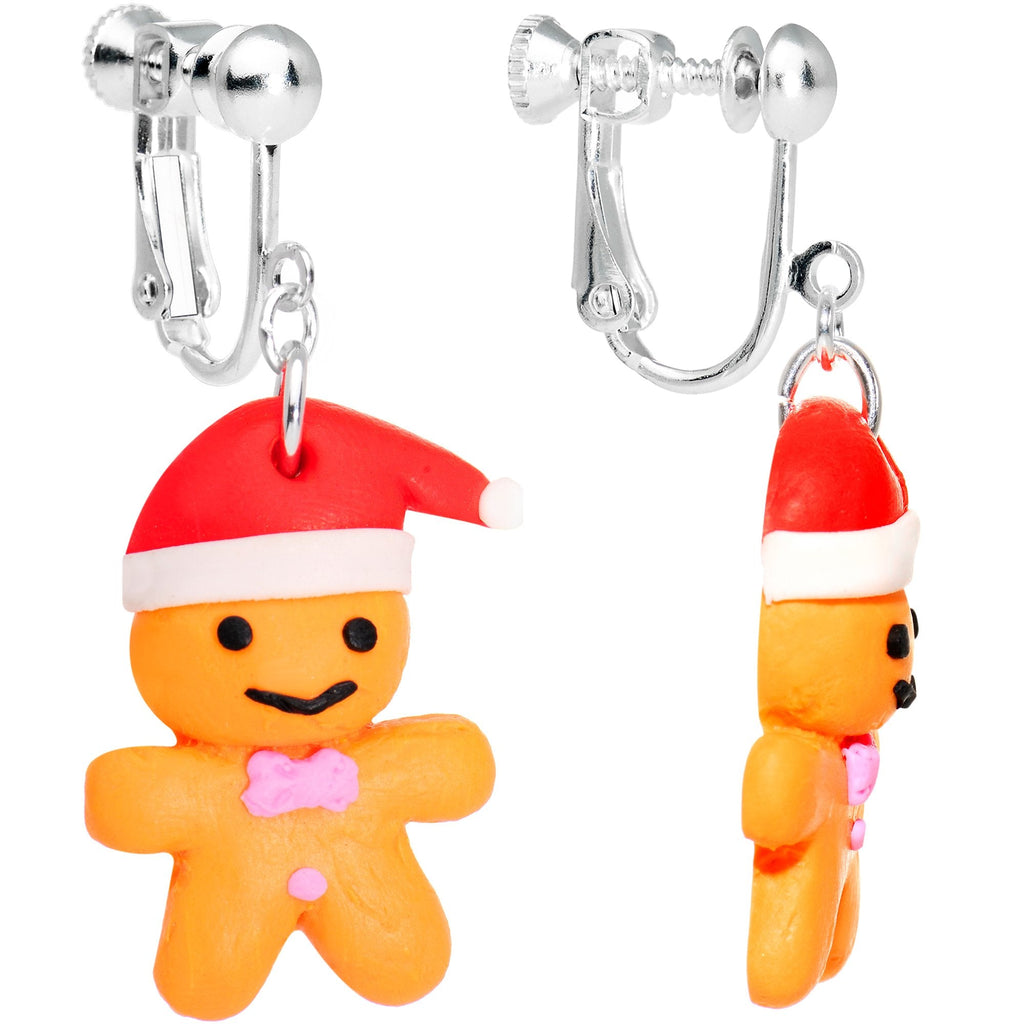 Silver Plated Holiday Gingerbread Santa Clip On Earrings