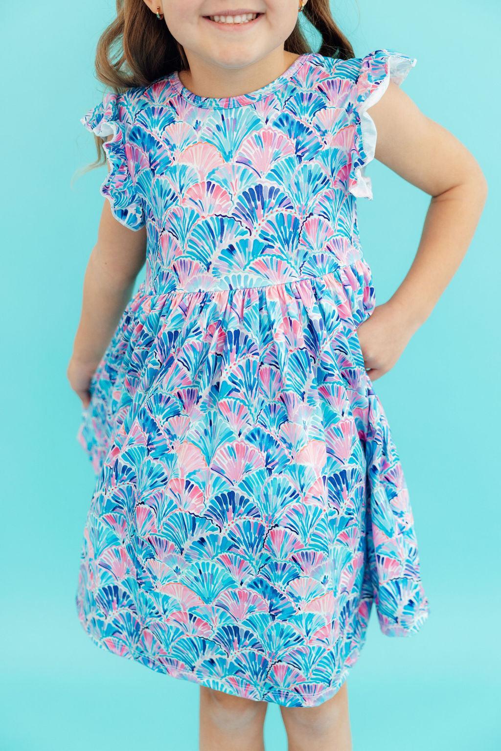 Seaside Shells Flutter Sleeve Twirl Dress