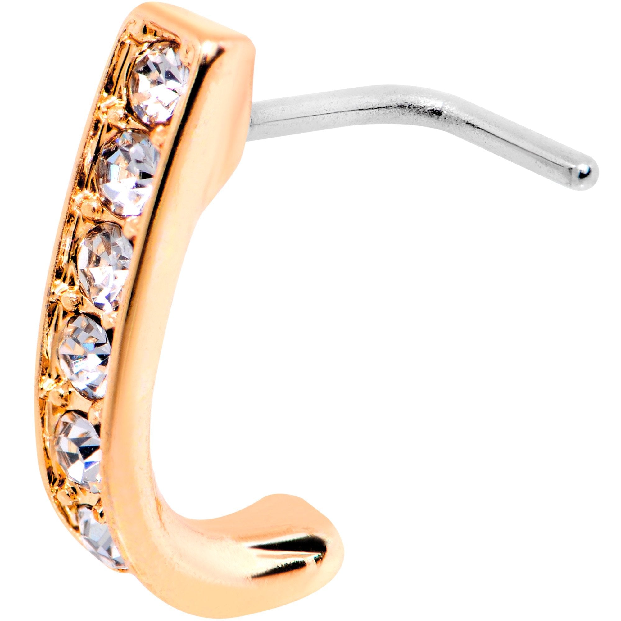 20G Clear CZ Sleek Rose Gold Tone Faux Hoop L Shaped Nose Ring