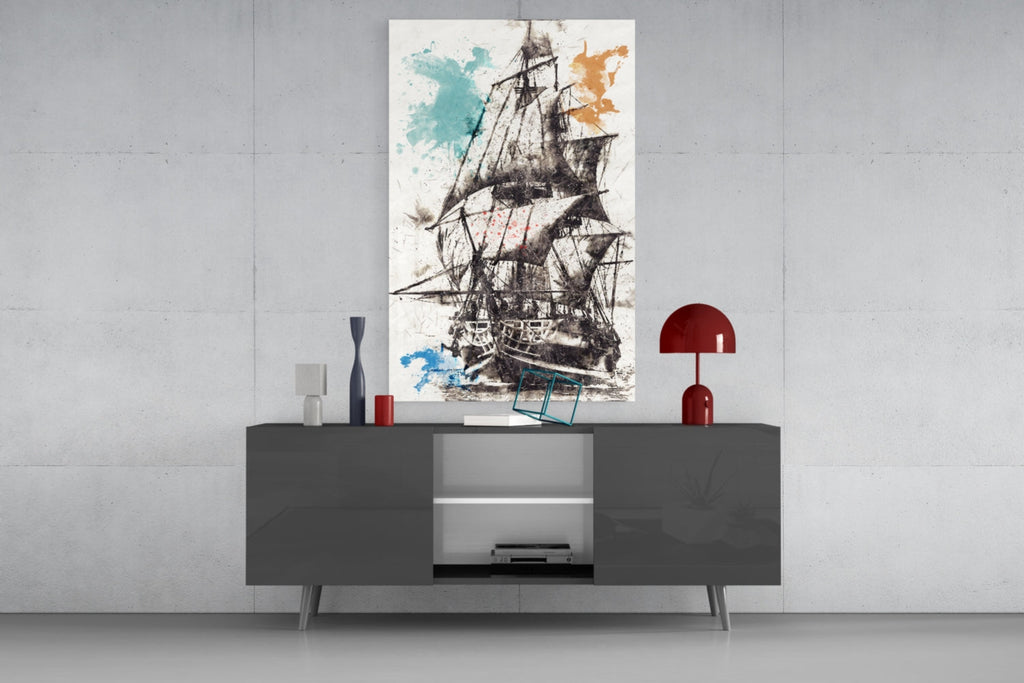 Ship Illustration Glass Wall Art